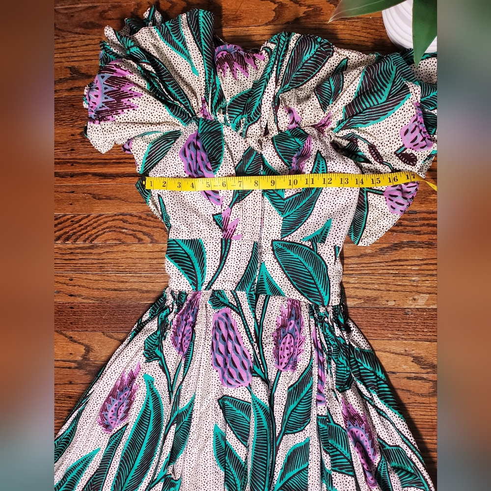 Sika Anthropologie Off-the-Shoulder Printed Maxi Dress Gree, Purple & White Sz 2 - Picture 11 of 16